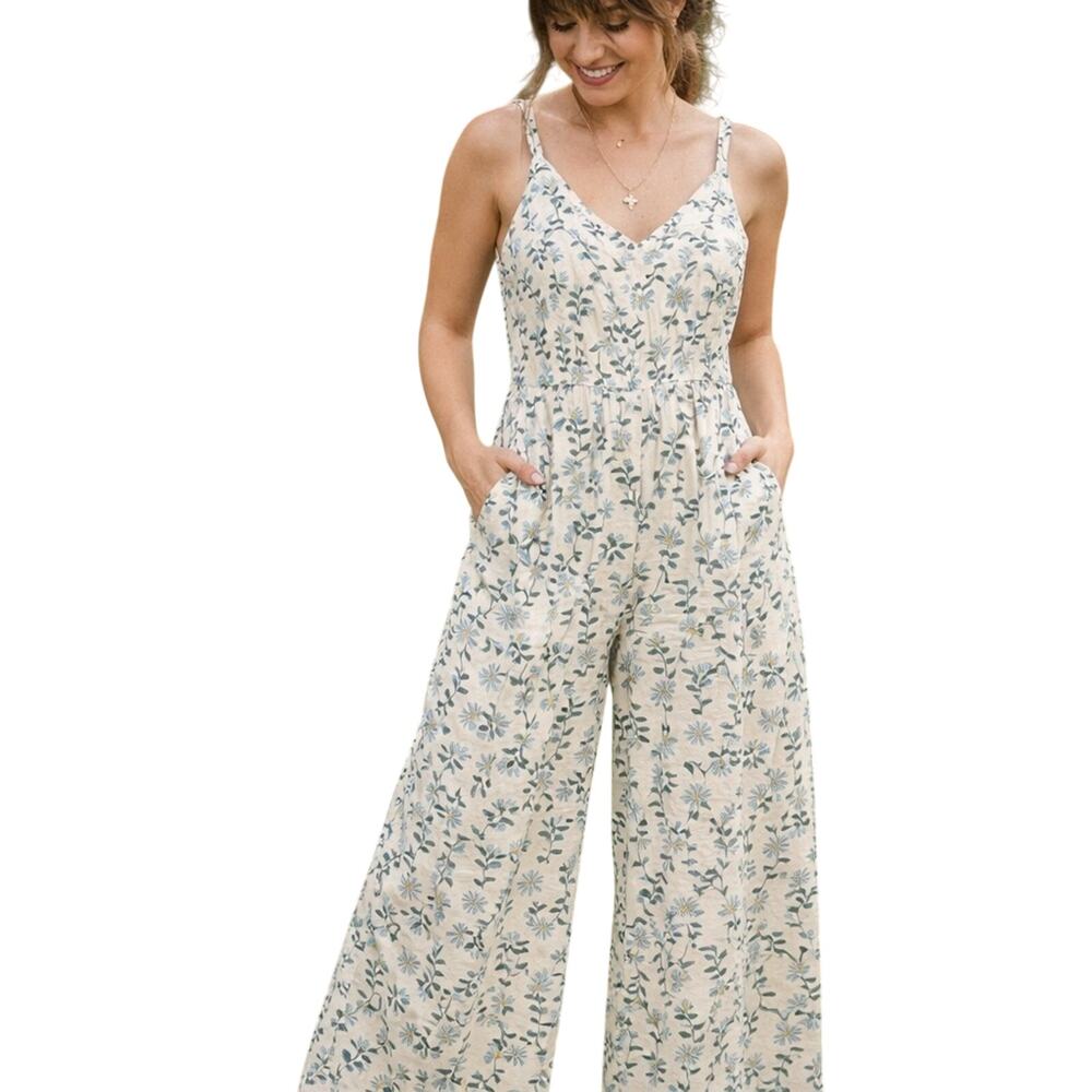 DIP Linen Blend Floral Jumpsuit Cottagecore Wide Leg Pockets Size 6